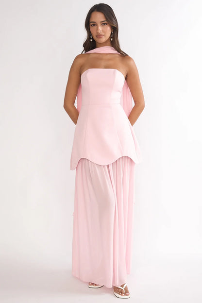 Poema Scalloped Sheer Hem Maxi Dress Pink