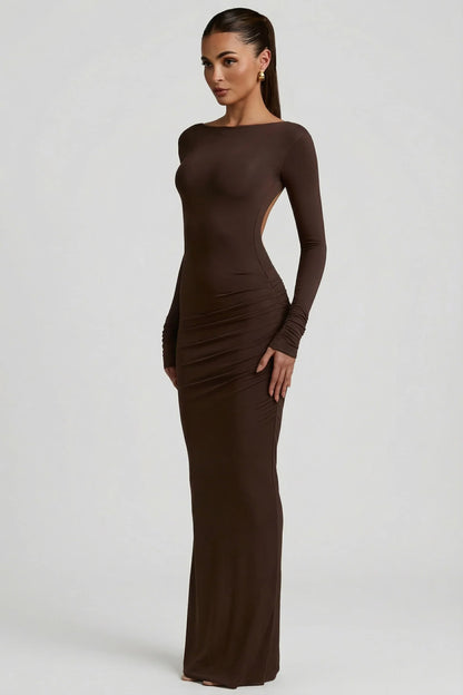 Modal Ruched Backless Maxi Dress in Chocolate Brown