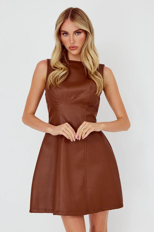 Opulent Sleeveless A-Line Mini Dress Faux Leather Brown