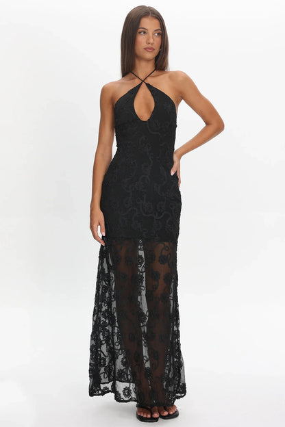 One Night Low Back Maxi Dress Embellished Black