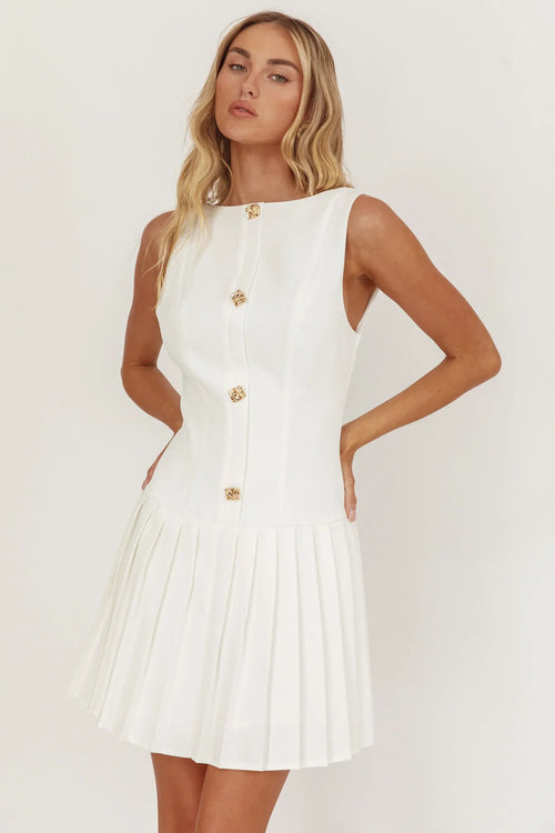 Opulent Pleat Skirt Button Mini Dress White