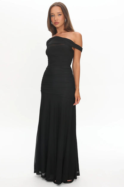 Lylah Asymmetric Neckline Mesh Maxi Dress Black