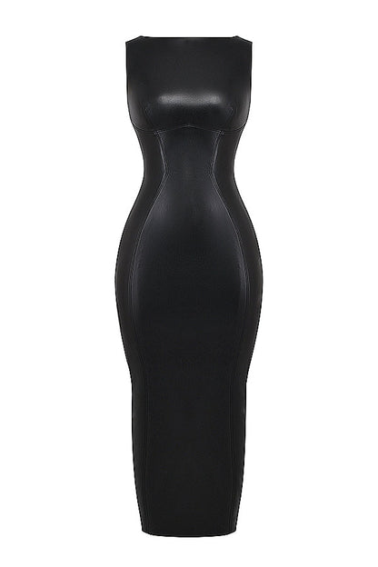 black vegan leather maxi dress