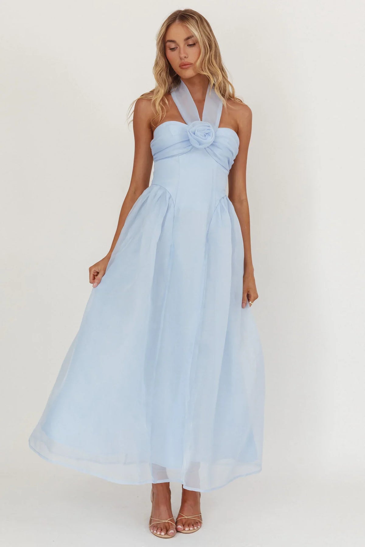 Elvera Rose Bust Halter Midi Dress Blue