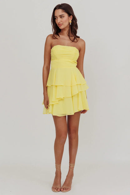 Veda Strapless Ruffle Mini Dress Lemon