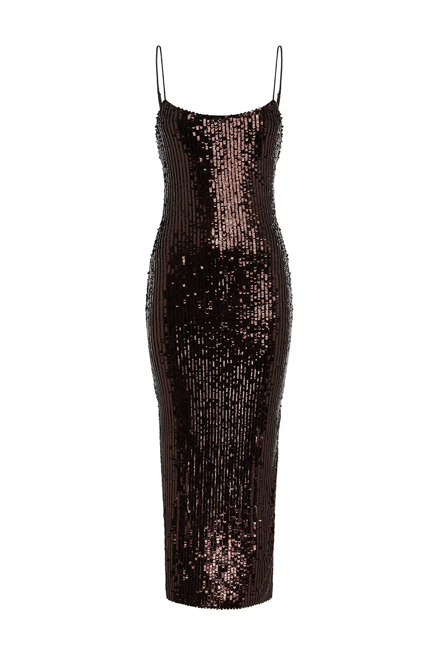 ANETTE SEQUIN MIDI DRESS - CHOCOLATE
