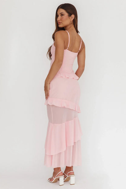 Marlie Frill Trim Rosette Maxi Dress Blush