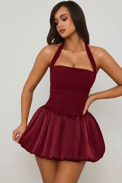 Halterneck Lace-Up Bubble Hem Corset Micro Mini Dress in Berry Red