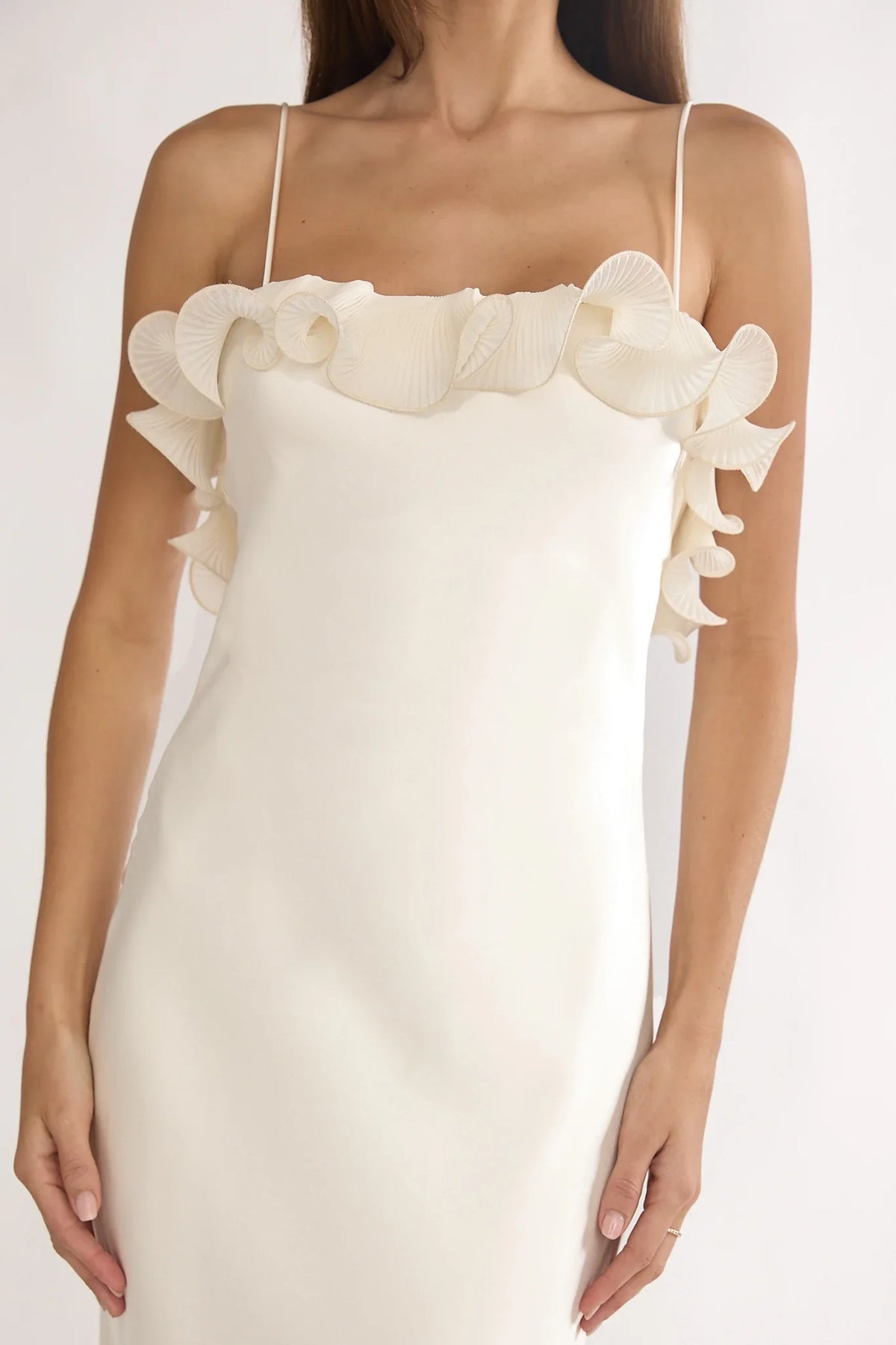 Okay, Cupid Low Back Ruffle Trim Maxi Dress Oyster
