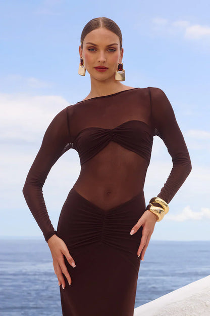 ROMY SLEEVED RUCHED MAXI DRESS - BITTER CHOCOLATE