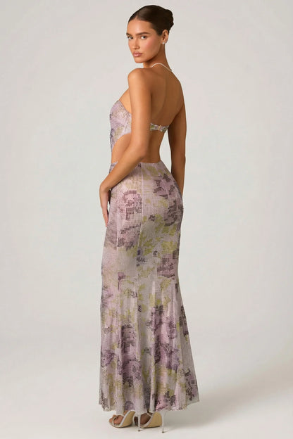 Embellished Cut-Out Fishtail Maxi Dress in Lilac