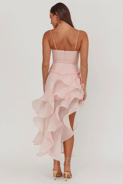 Charmayne Asymmetric Ruffle Trim Maxi Dress Pink