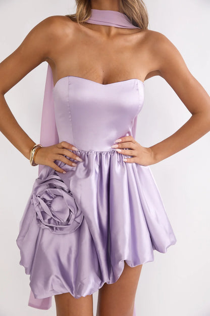 Lilianne Rosette Bubble Hem Mini Dress Lilac
