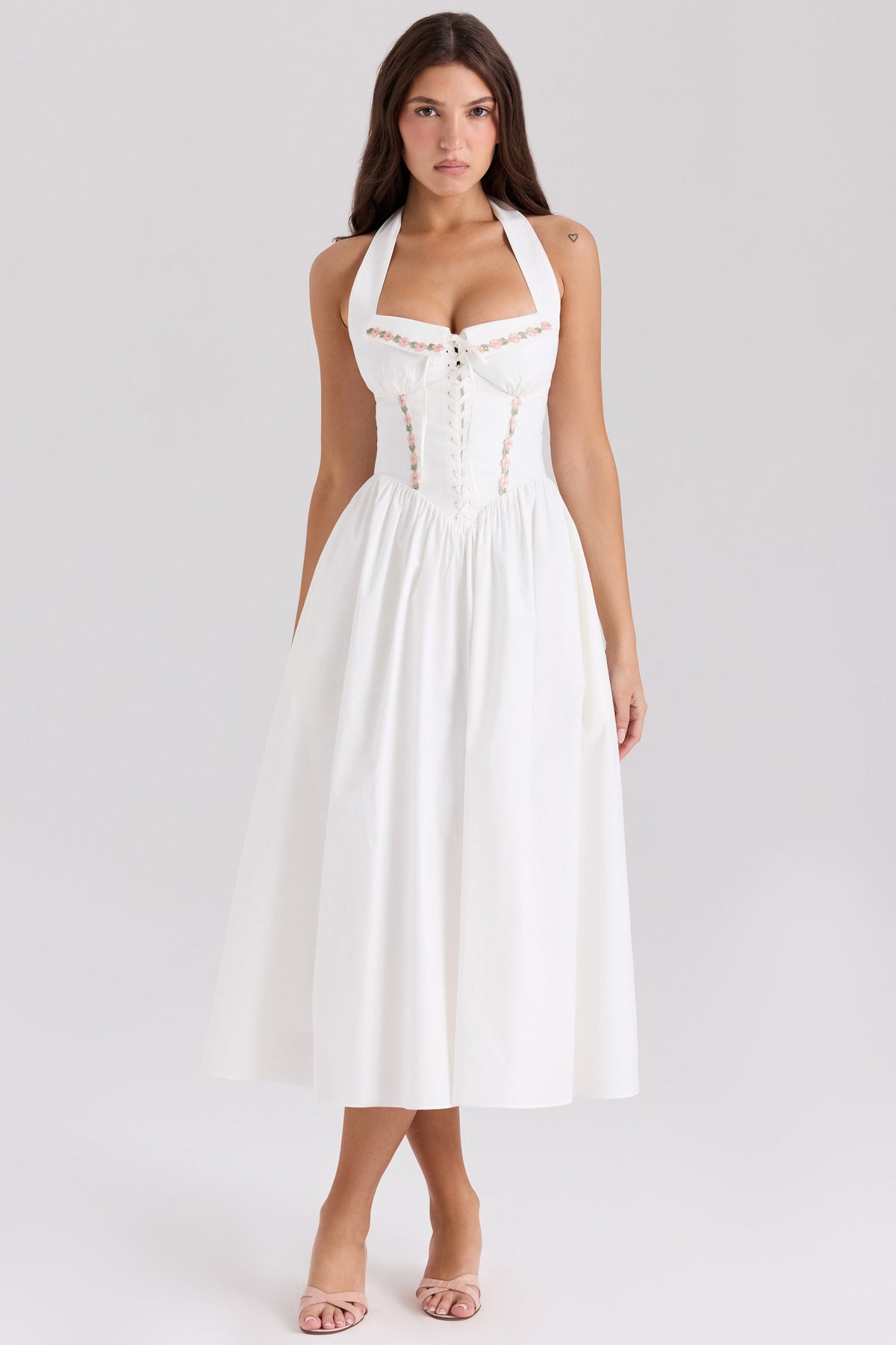 white cotton halter neck midi dress