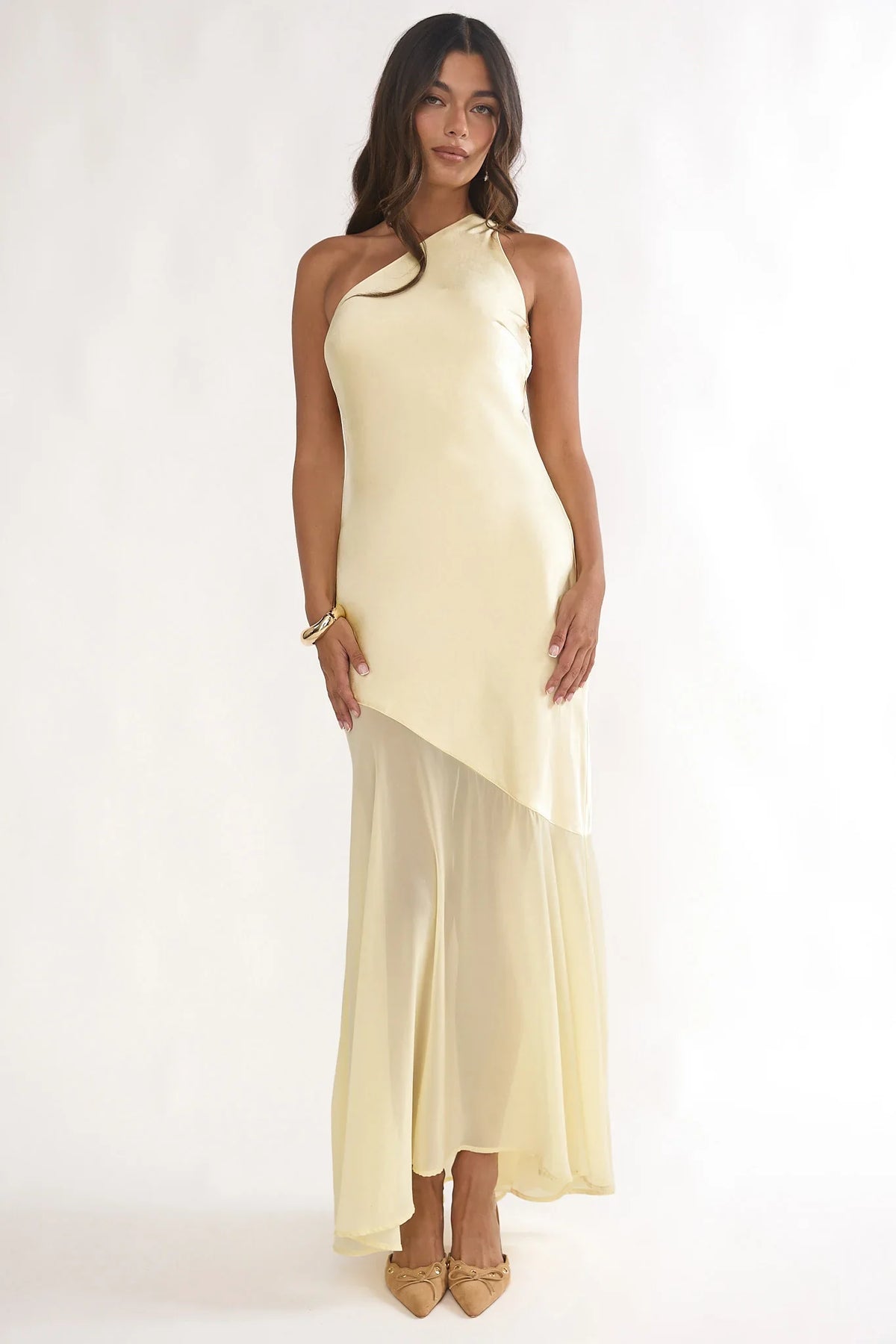 Mireya One-Shoulder Sheer Hem Maxi Dress Lemon