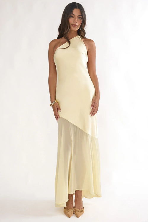 Mireya One-Shoulder Sheer Hem Maxi Dress Lemon