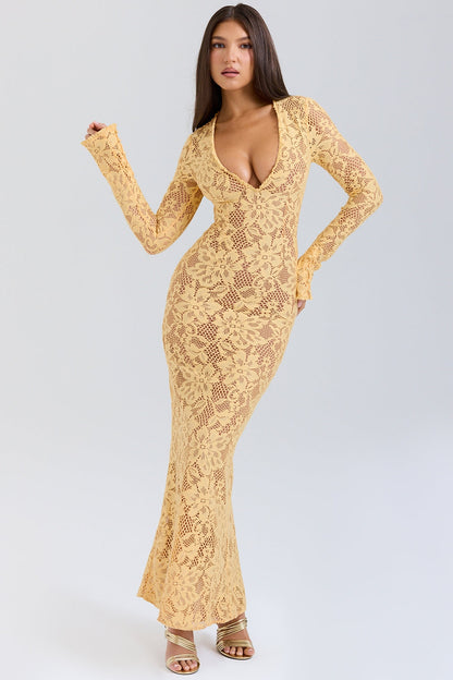 apricot plunge lace maxi dress