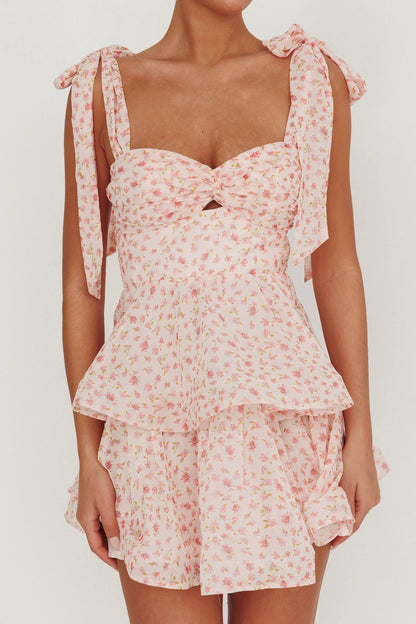 Oliana Tied Shoulder Tiered Mini Dress Peach