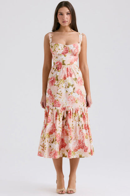 pink peony print cotton midi sundress