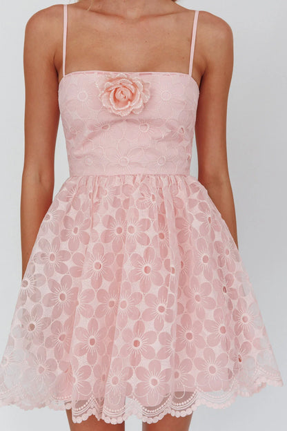 Bahia A-Line Square Neckline Mini Dress Lace Blush