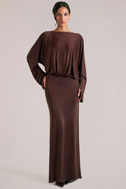 Long-Sleeve Draped Maxi Dress in Chocolate Brown