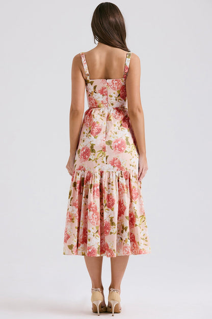 pink peony print cotton midi sundress