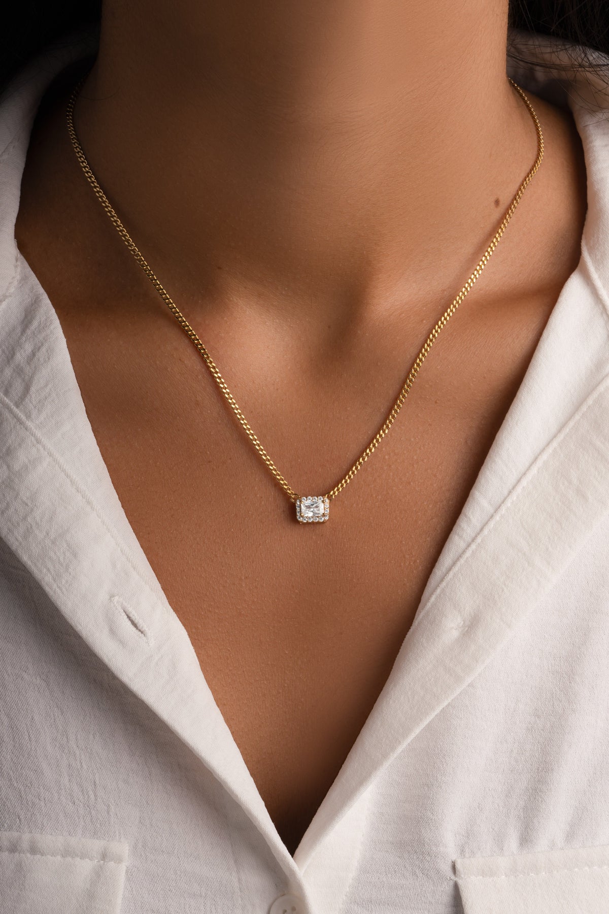 Halo Emerald Cut Necklace on Cuban Chain