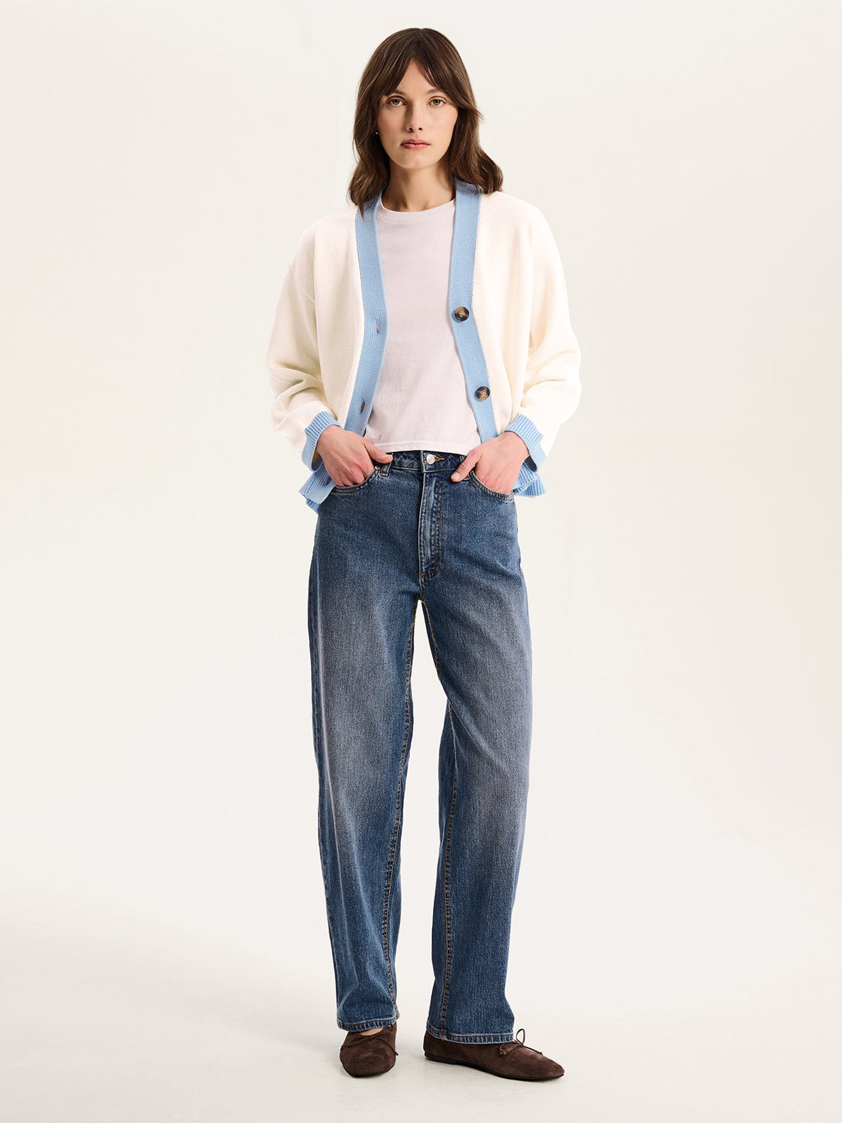 Henni Cotton Cardigan in Cream and Blue