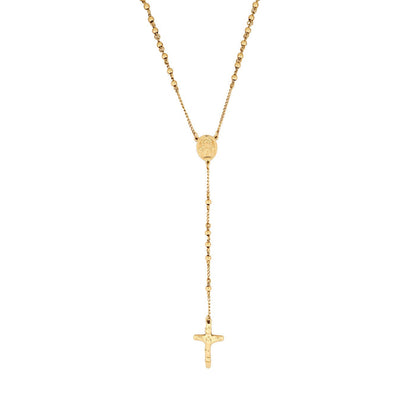 Ion Plated 14k Yellow Gold Stainless Steel Rosary Bead Cross Pendant