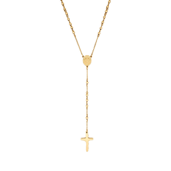 Ion Plated 14k Yellow Gold Stainless Steel Rosary Bead Cross Pendant