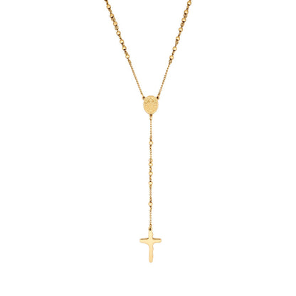 Ion Plated 14k Yellow Gold Stainless Steel Rosary Bead Cross Pendant