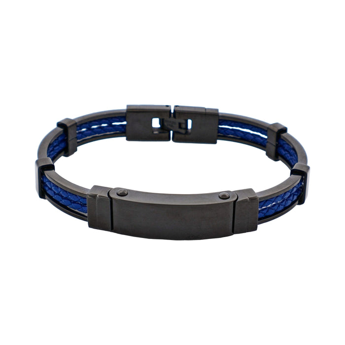 Ion Plated Polished Black Stainless Steel & Blue Leather Bracelet
