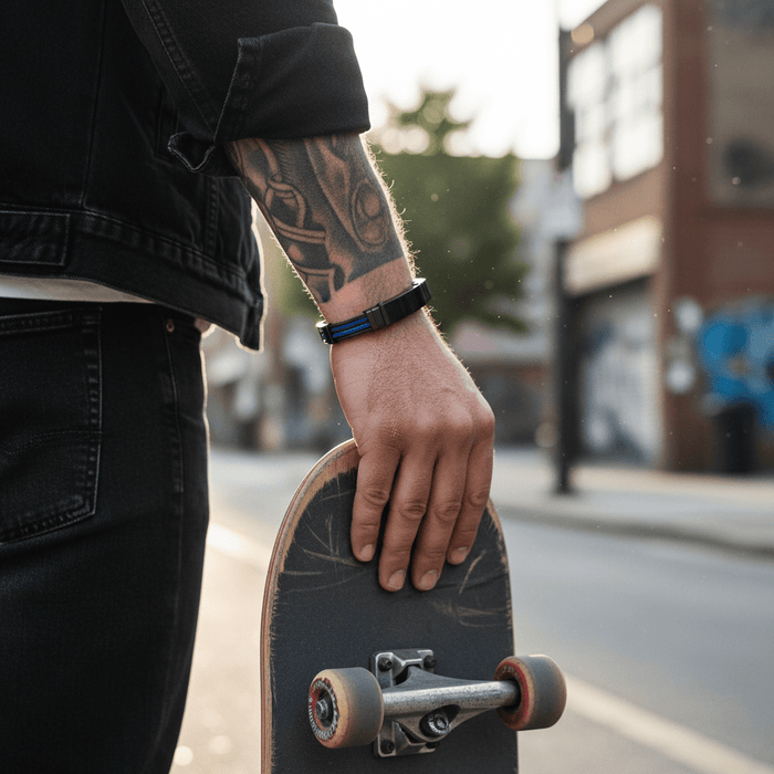 Ion Plated Polished Black Stainless Steel & Blue Leather Bracelet