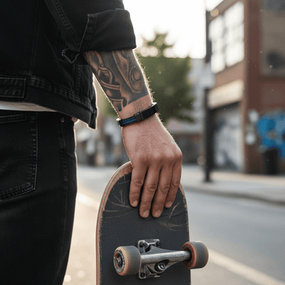 Ion Plated Polished Black Stainless Steel & Blue Leather Bracelet
