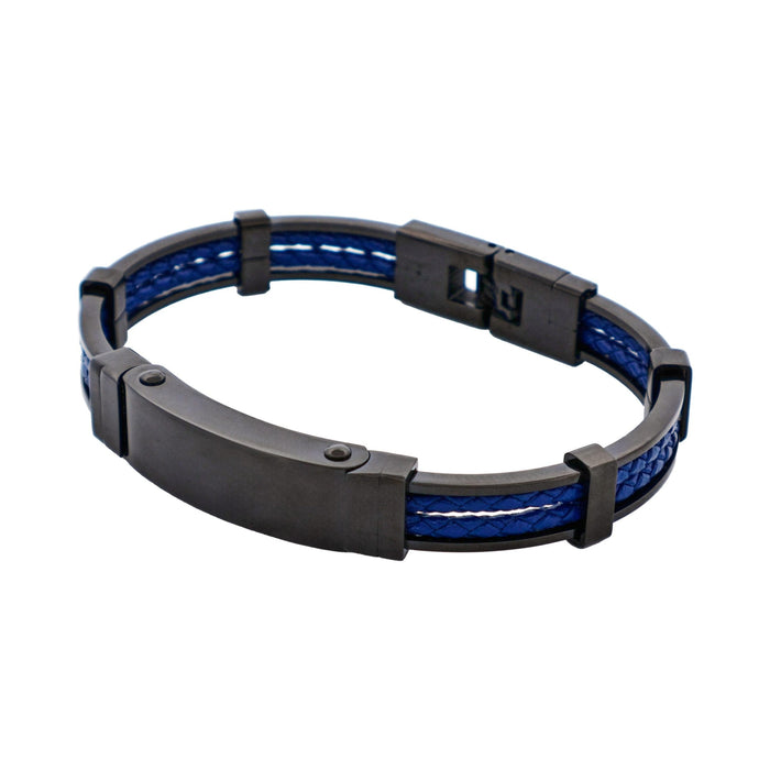 Ion Plated Polished Black Stainless Steel & Blue Leather Bracelet