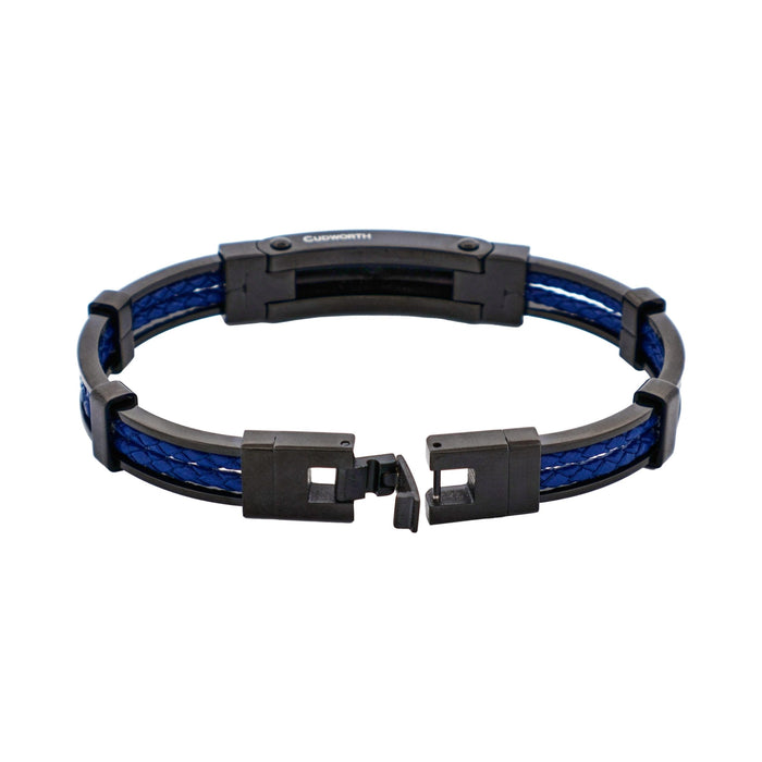 Ion Plated Polished Black Stainless Steel & Blue Leather Bracelet
