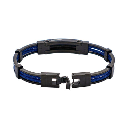 Ion Plated Polished Black Stainless Steel & Blue Leather Bracelet