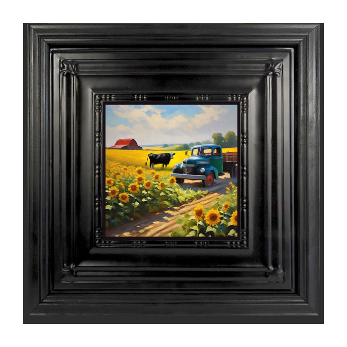 Old truck with black cow