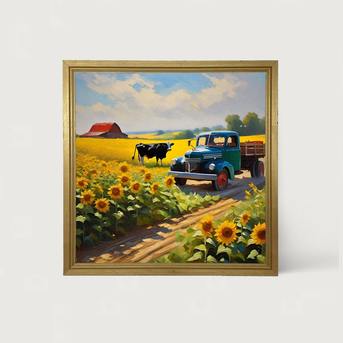 Old truck with black cow