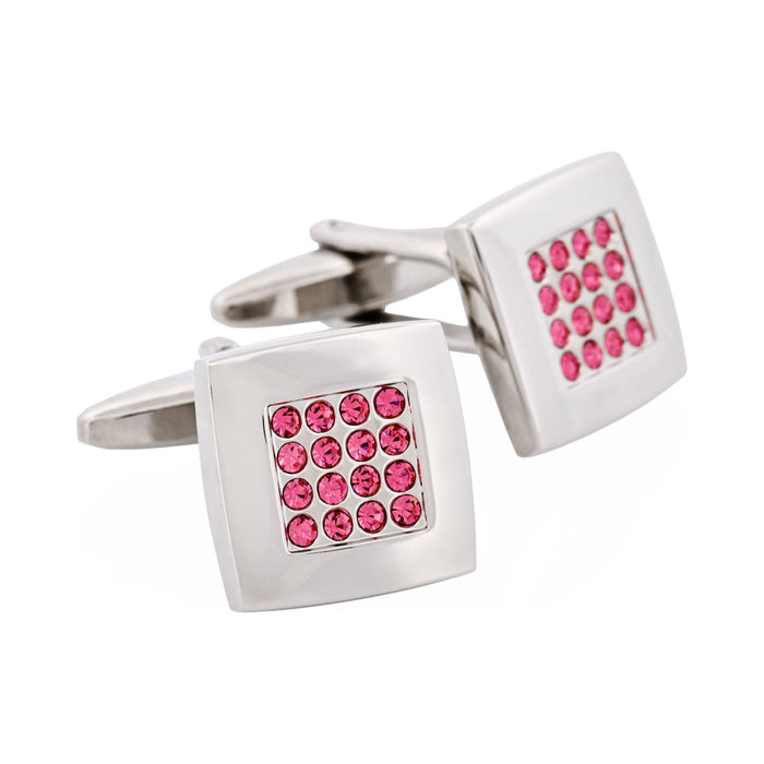 Pink Crystal Square Rhodium Plated Cufflinks