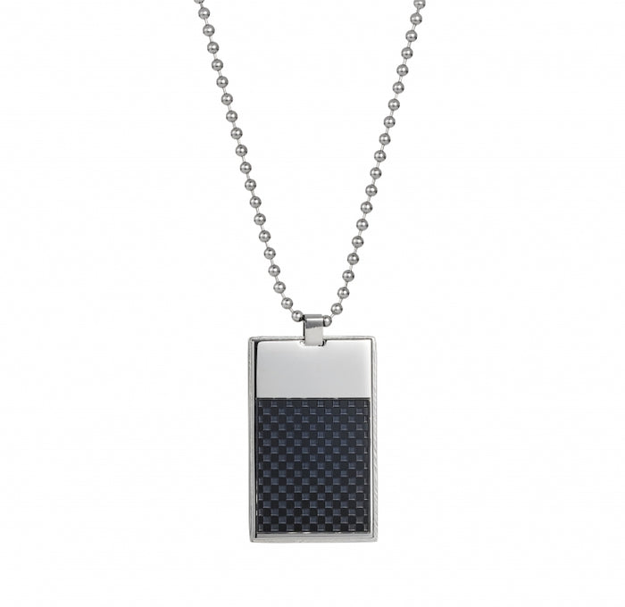Polished Stainless Steel Dog Tag Pendant with Ion Plated Black Checkerboard Inlay on Ball Chain