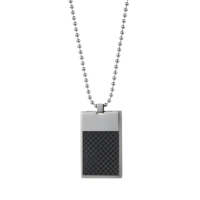 Polished Stainless Steel Dog Tag Pendant with Ion Plated Black Checkerboard Inlay on Ball Chain