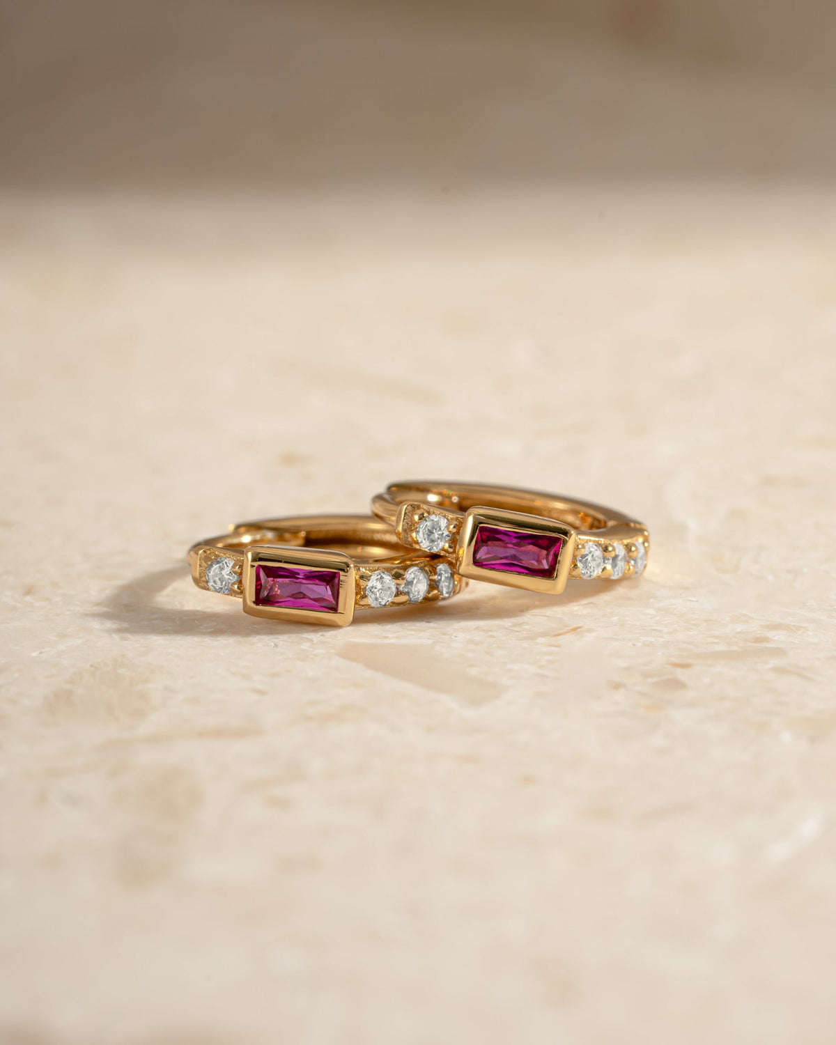 Ruby Baguette Huggie Earrings