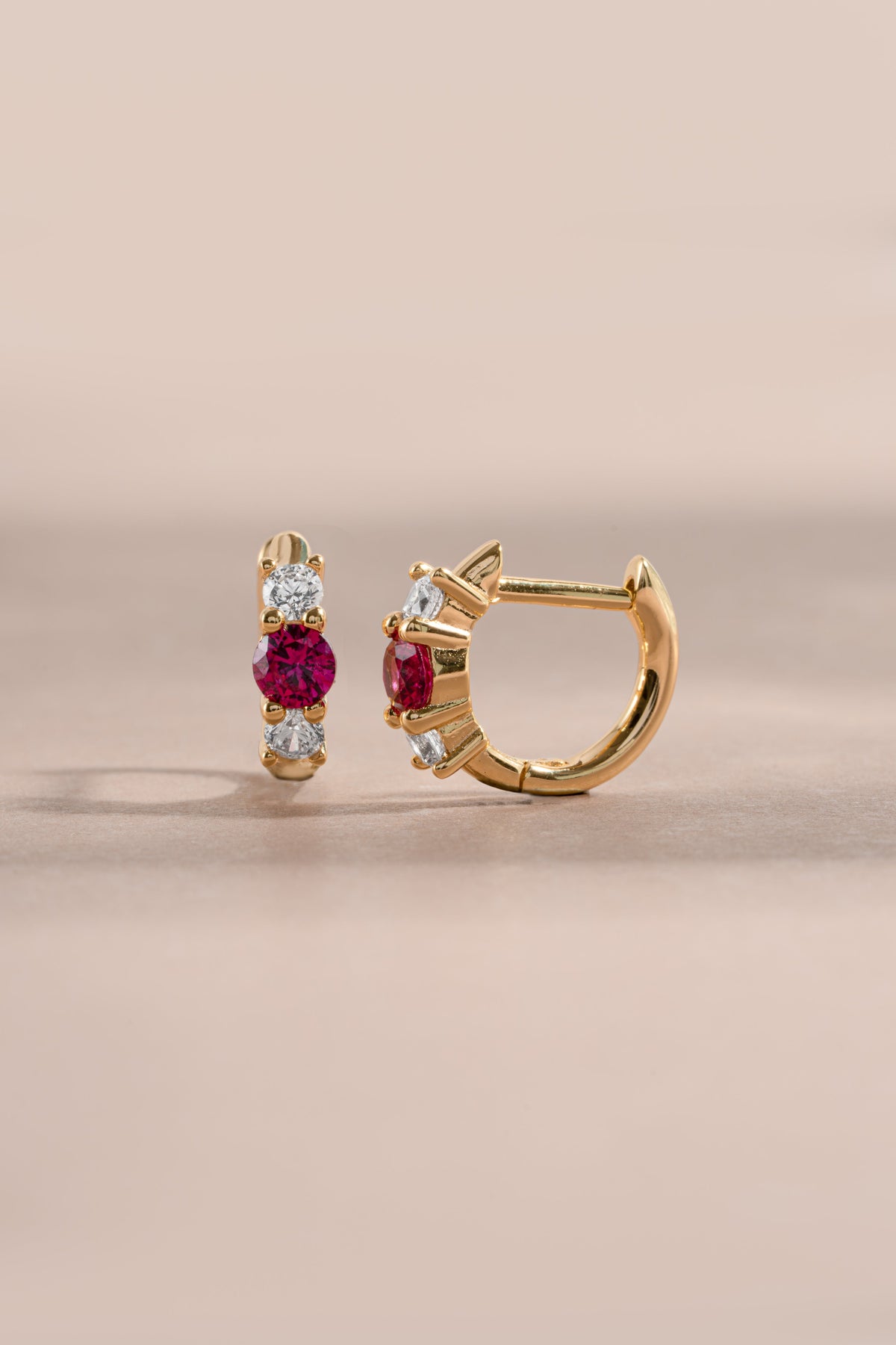 Ruby Three Stone Huggie Hoops
