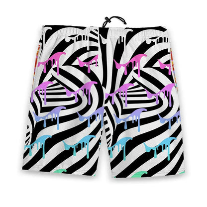 SFW Cereal Men's Gym Shorts - The specific "Ahegao-adjacent" facial expression parody paired with the trickling white milk stream, contrasted against the #FF69B4 neon drips transitioning to #00FFFF electric cyan, set against #000000 obsidian black and #FFFFFF optic white warping stripes.