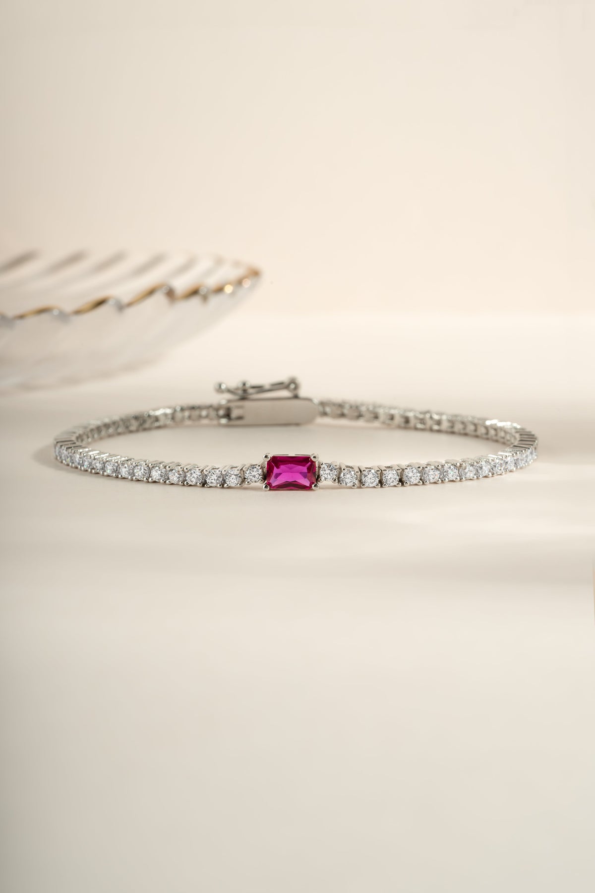 Tennis Bracelet with Ruby Baguette Charm
