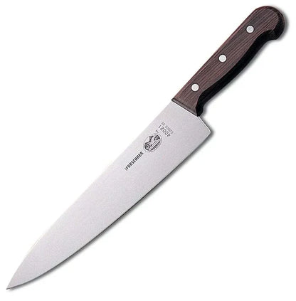 Victorinox chef's knife with an 8 inch blade and a brown wooden handle.